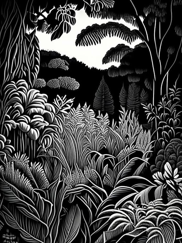 Wellington Botanic Garden, 1, New Zealand Linocut Black And White Vintage