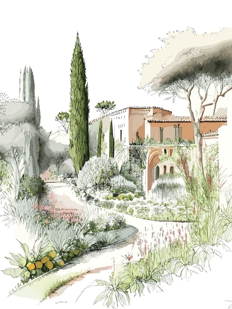 Generalife Gardens, Spain Vintage Pencil Drawing