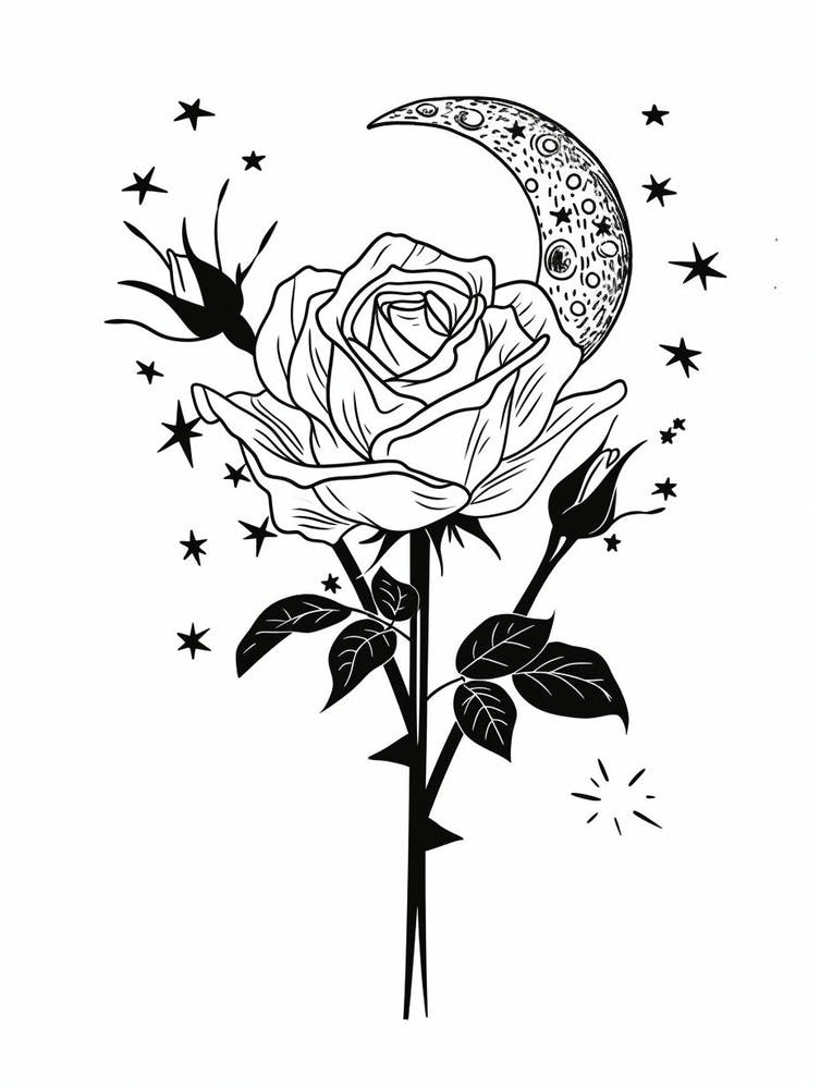 Roses And The Moon Line Drawing 4