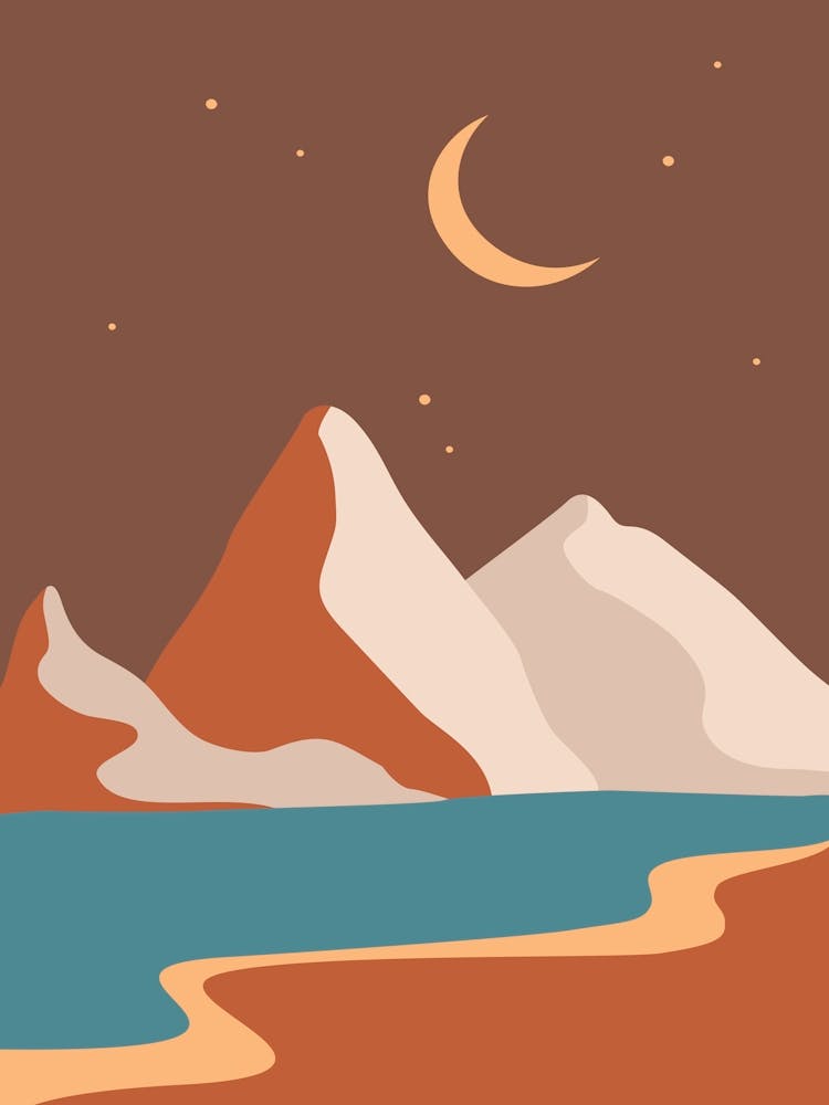 Mountain Landscape With Moon And Stars. Morocco - boho travel pastel vector minimalist poster