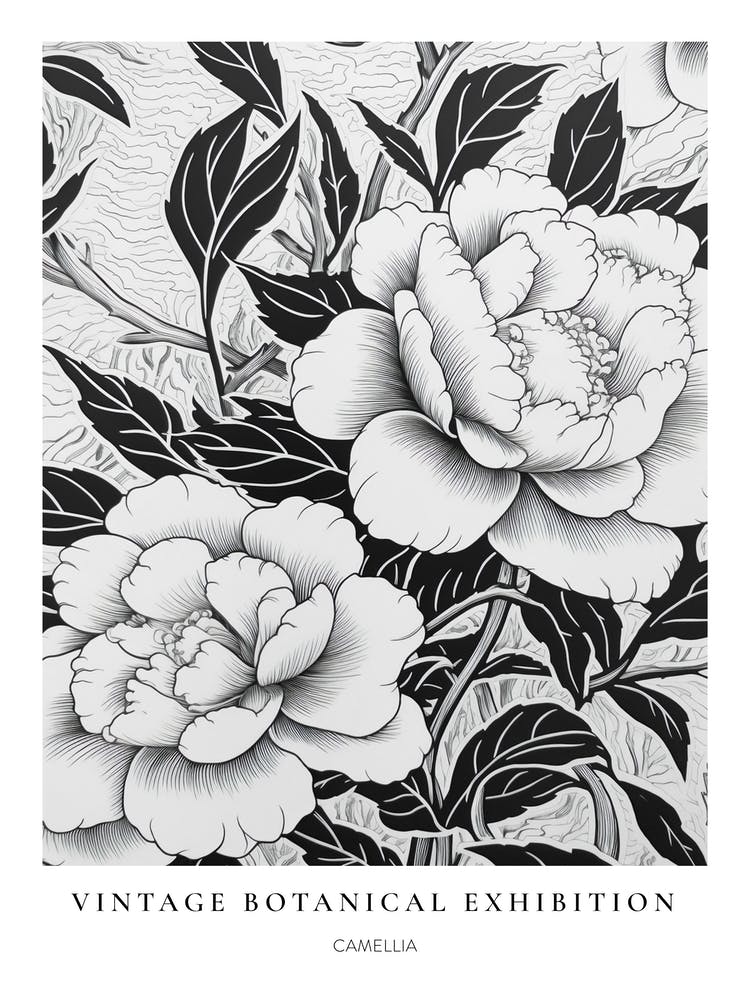 Camellia B&W Vintage Botanical Poster