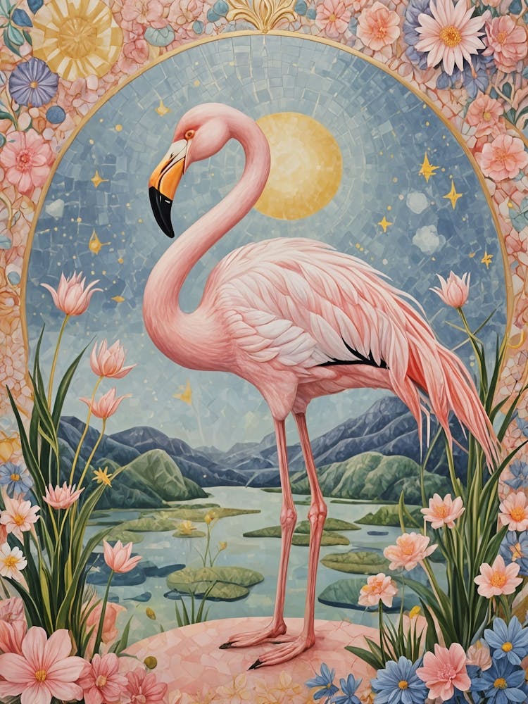 Pink Flamingo In Floral