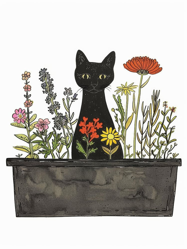 Black Cat In Flower Pot