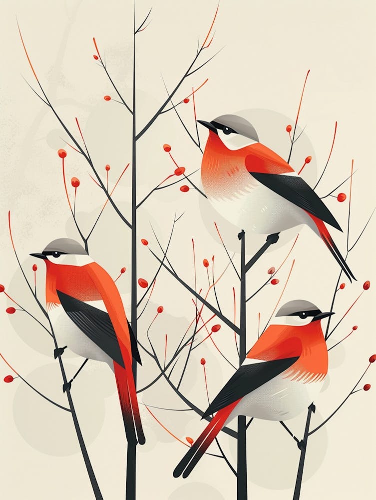 Design A Contemporary Illustration Of Birds On Branches, Utilizing Flat Colors And Subtle Shadows To Create A Sense Of Depth