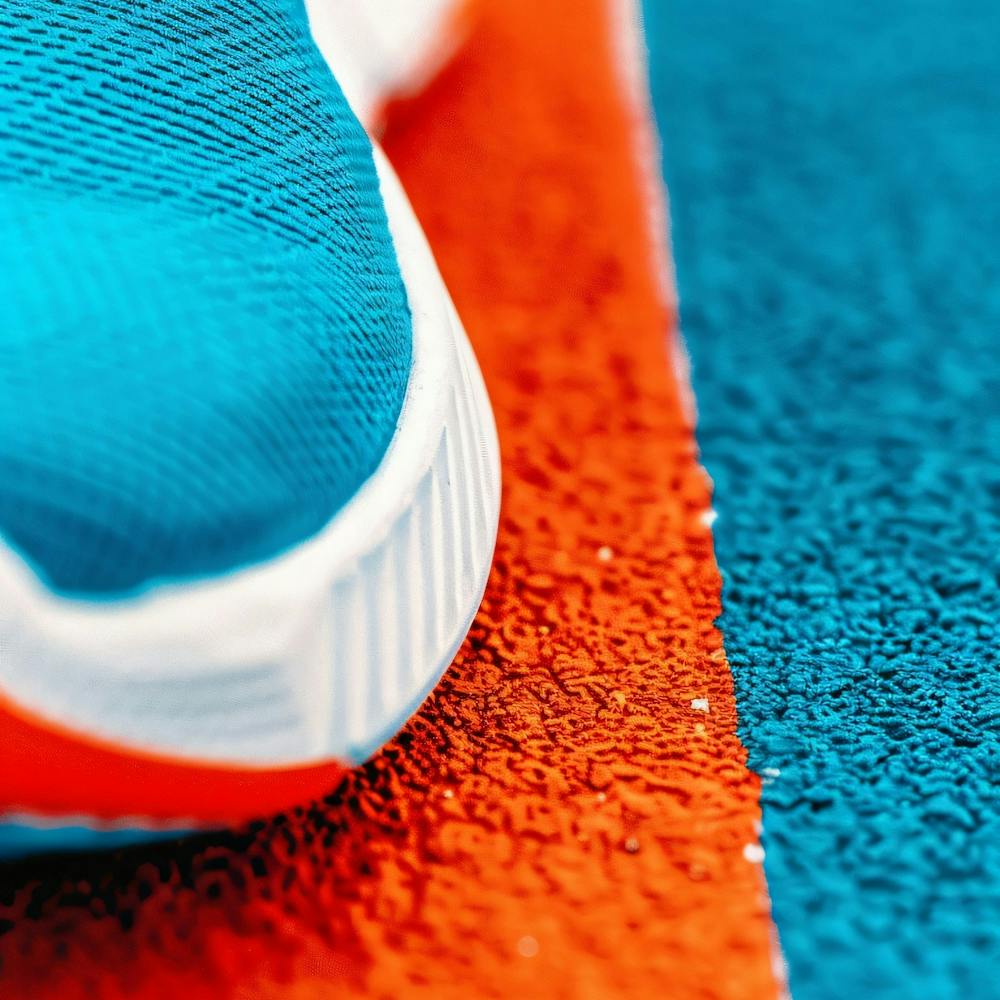 Nahaufnahme von blauen und orangefarbenen Laufschuhen