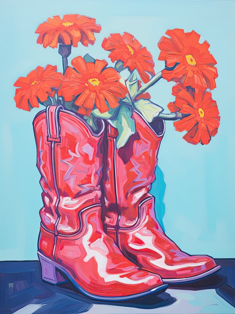 A Painting Of Cowboy Boots With Orange Flowers, Fauvist Style, Still Life 2