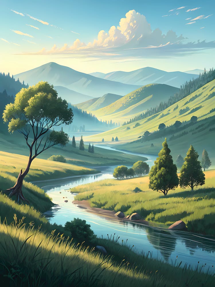 Tranquil Valley Scene With Distant Hills And Flow