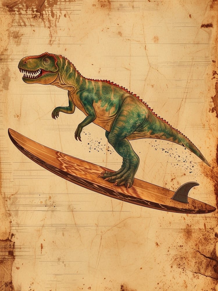 Vintage Allosaurus Dinosaur On A Surf Board 2