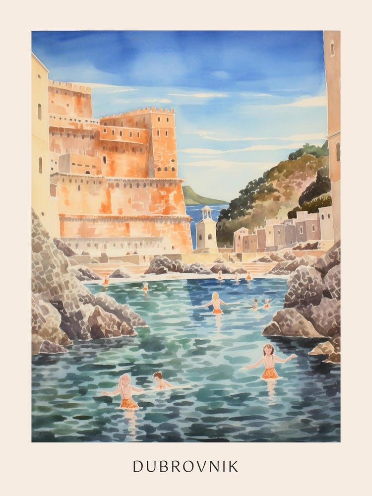 Swimming In Dubrovnik Croatia Watercolour Poster