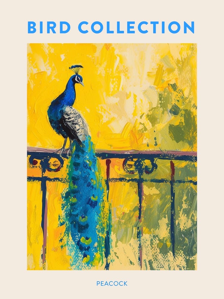 Brushstroke Yellow Blue Peacock On Winding Railing Poster