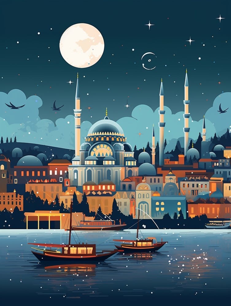 Winter Travel Night Illustration Istanbul Turkey 2