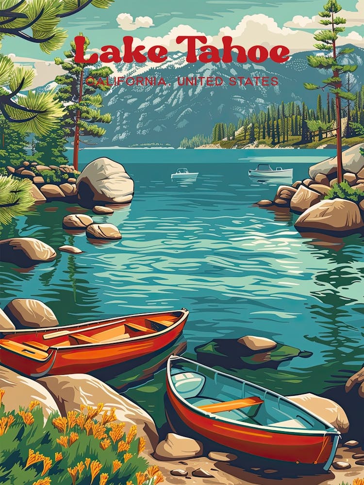 Lake Tahoe California Retro Travel Art Illustration