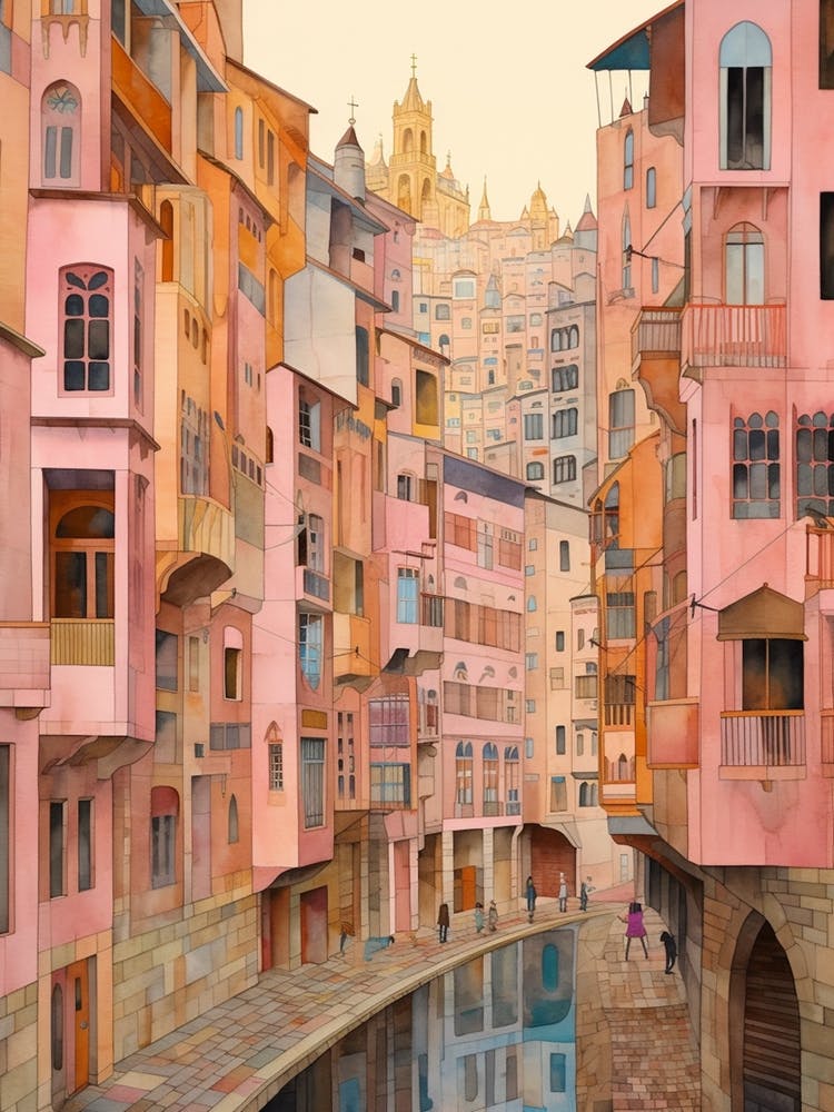 Bilbao Spain 1 Vintage Pink Travel Illustration