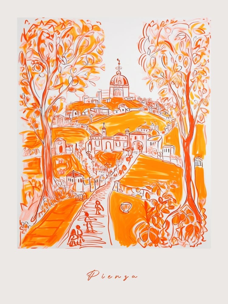 Pienza Italy Orange Drawing Poster