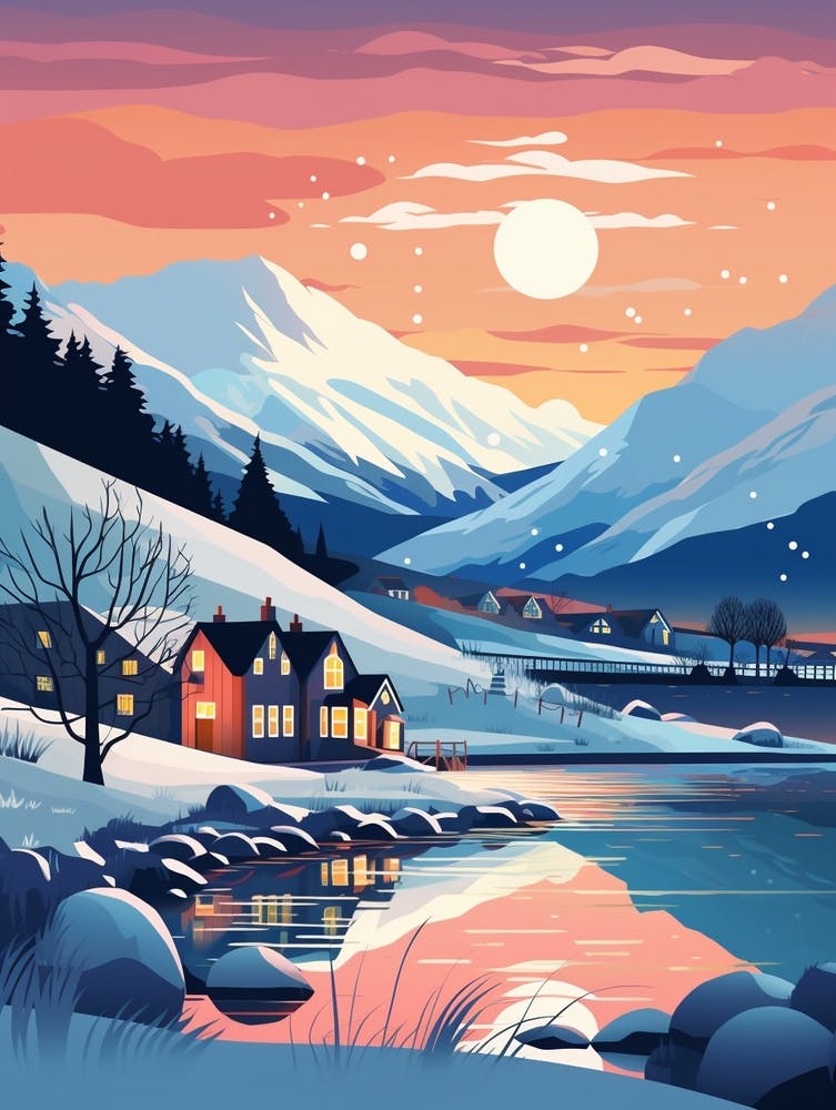Winter Travel Night Illustration Lake District United Kingdom 3