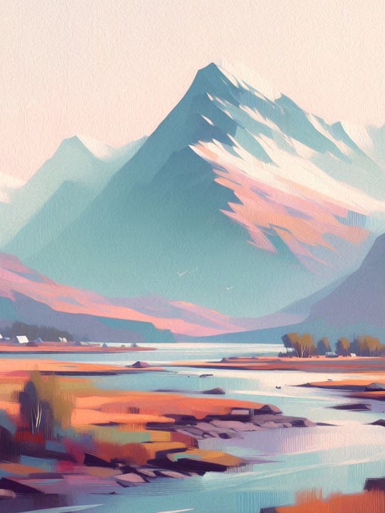 A minimalist impressionist painting of mountain and river