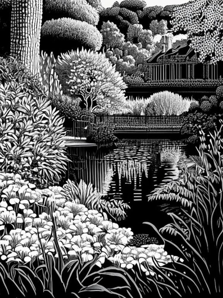 Claude Monet Foundation Gardens, 1, France Linocut Black And White Vintage