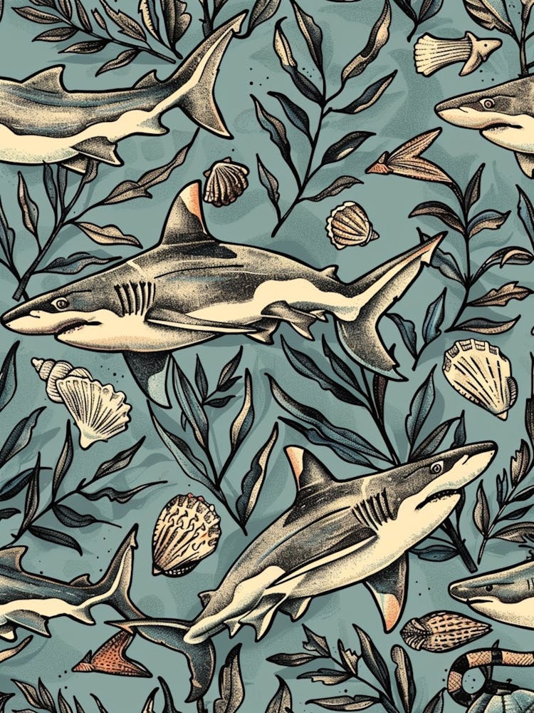 Pastel Blue Smooth Hammerhead Shark Watercolour Seascape 3