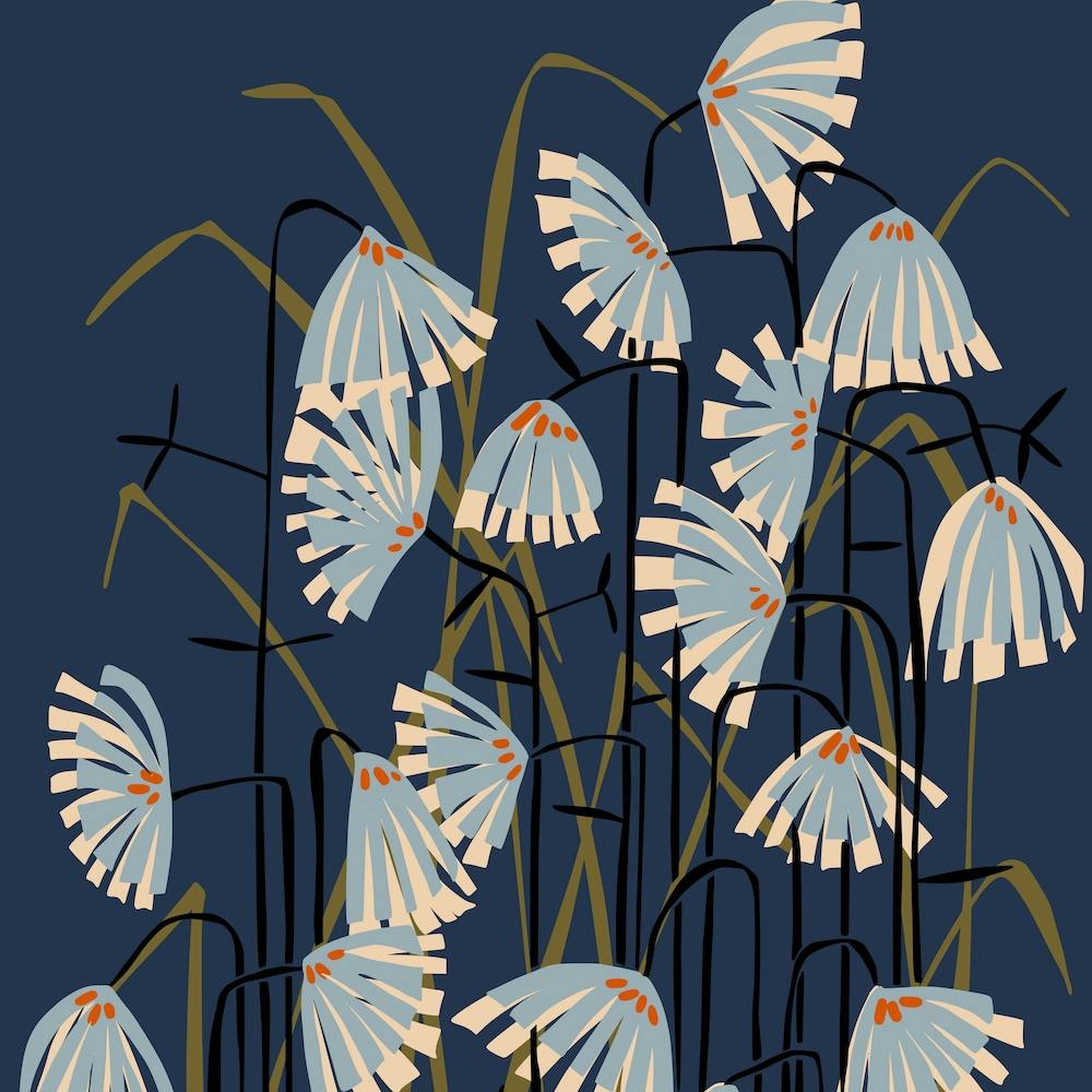 Linocut Flower Meadow Mustard Blue Square