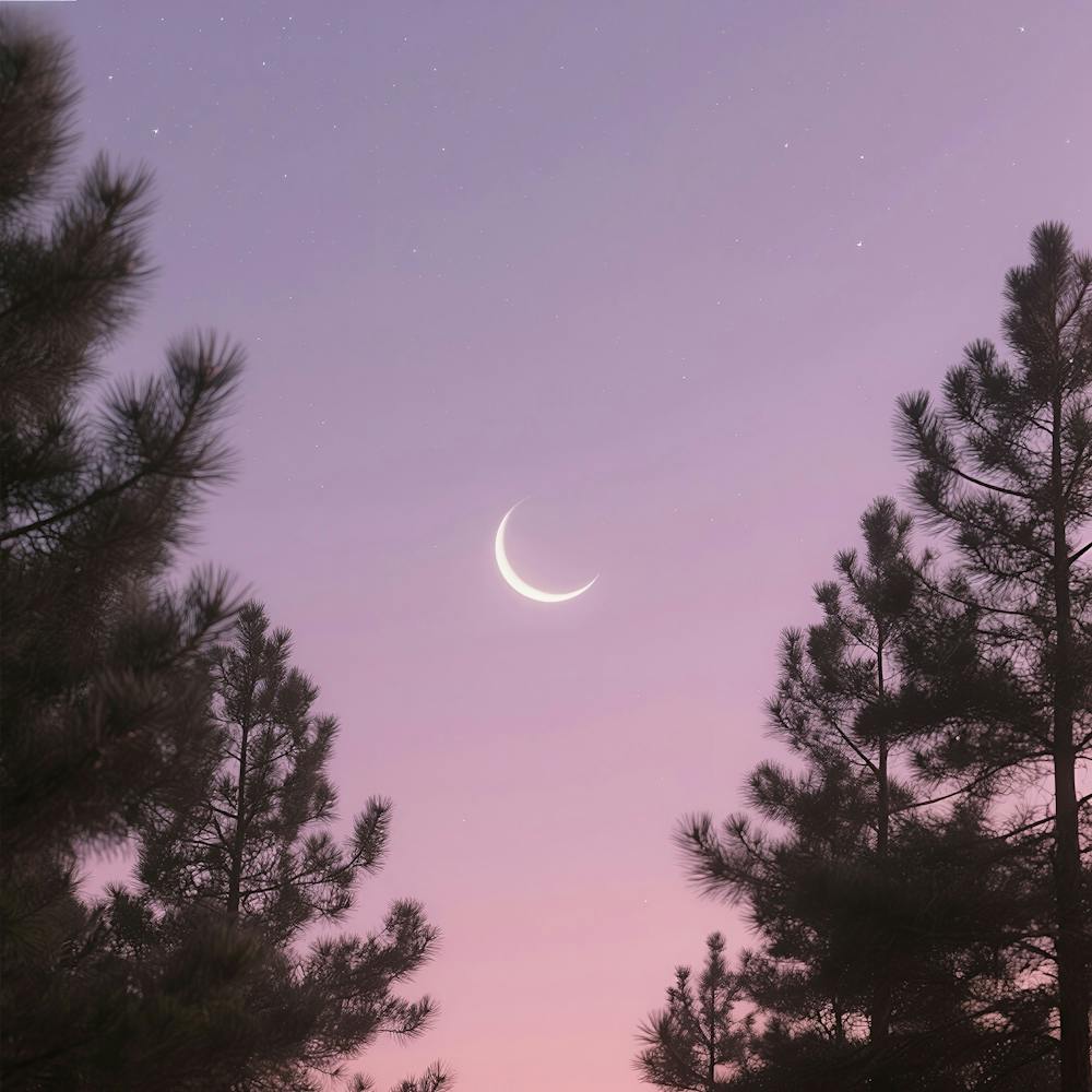 Moon And Pine Trees At Sunset