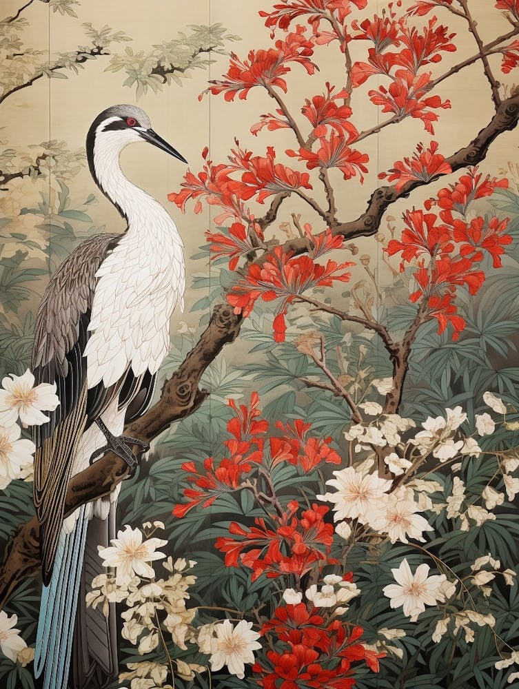 Woodland Sage And Bird Vintage Japanese Botanical