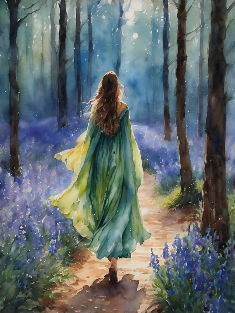 Fairytale Woman in Bluebell Woods ~ Spring Maiden Walking Away in Moonlit Forest, Witchy Full Moon Art, Pagan Painting, Woods Witches, Enchanted forest mysterious darkling stroll in magical Ostara Artwork ~ Dreamy Watercolor Brunette Girl Facing Away Leav
