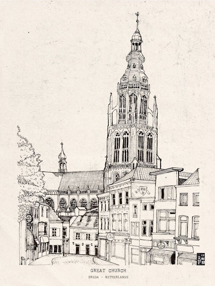 Breda Great Church Netherlands - Hand-Drawn Pen & Ink Cityscape - Dutch Wall Art, Holland Travel Art, Dutch Gifts