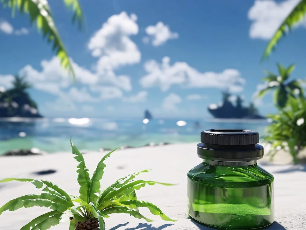 Flasche ätherisches Öl am Strand