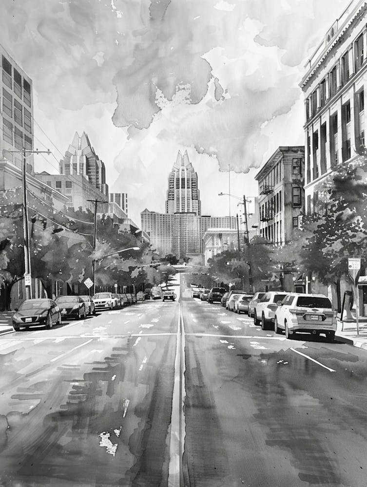 South Congress Avenue Austin Texas Black And White Watercolour 1
