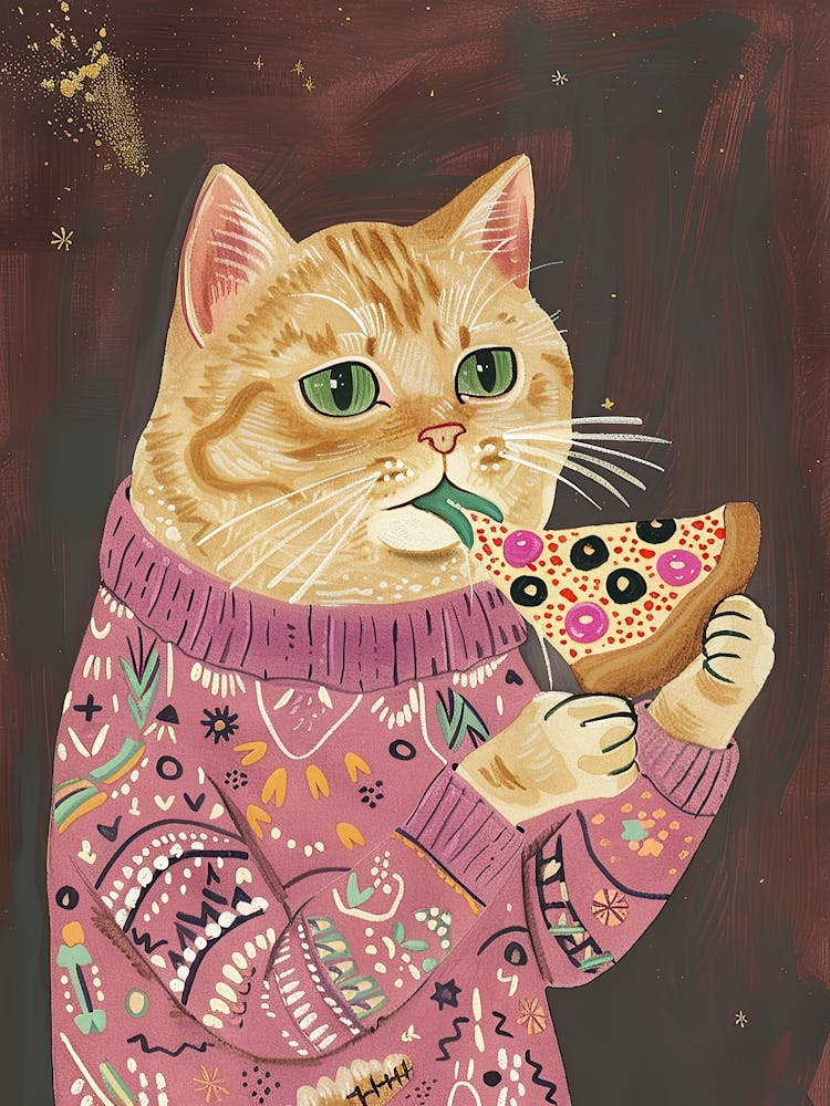 Cat In A Sweater Pizza Lover Folk Illustration 5
