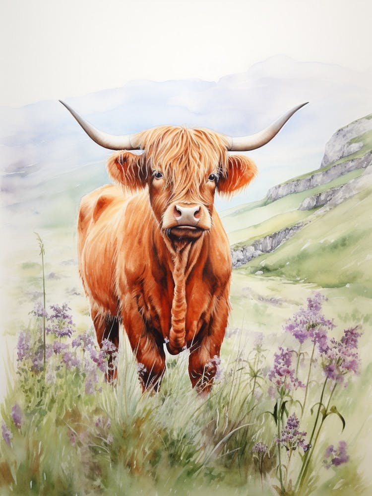 Cloudy Highland Cow In A Wildflower Field