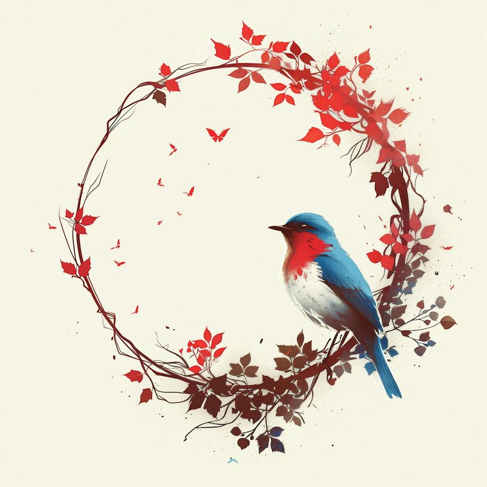 Spring Bird in Circular Floral Frame