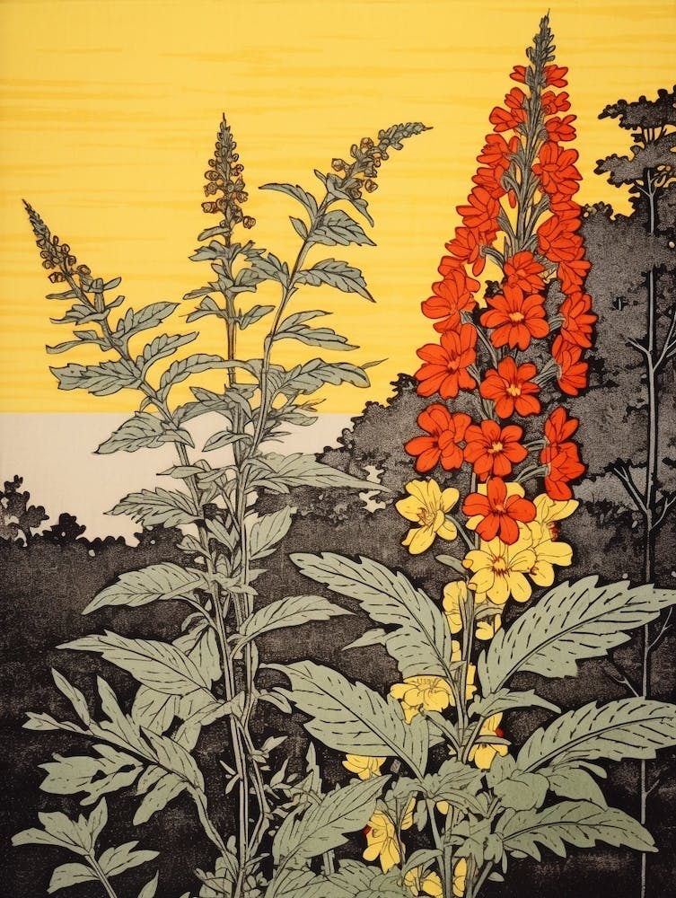 Nokanzou Goldenrod 2 Vintage Botanical Woodblock