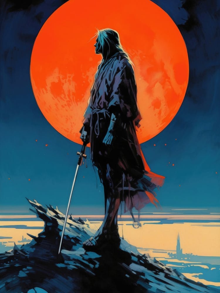 Witcher Warrior Painting Red Moon