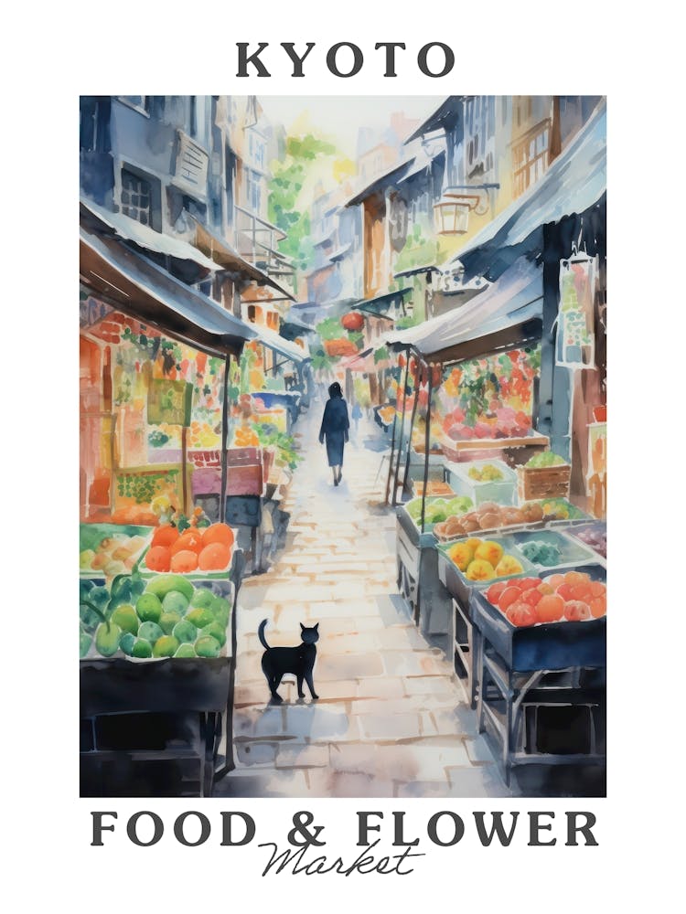 Lebensmittelmarkt mit Katzen in Kyoto 1 Poster