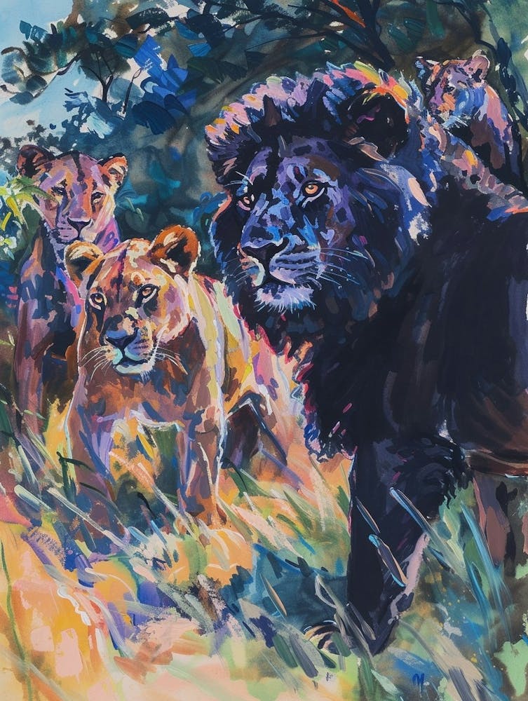 Black Lion Interaction With Other Wildlife Fauvist Painting 3