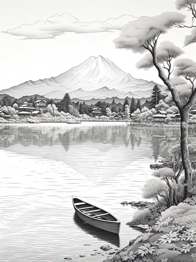 Lake Toya In Hokkaido, Ukiyo E Black And White Line Art Drawing 3