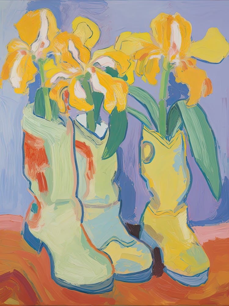 Painting Of Yellow Flowers And Cowboy Boots, Oil Style 9