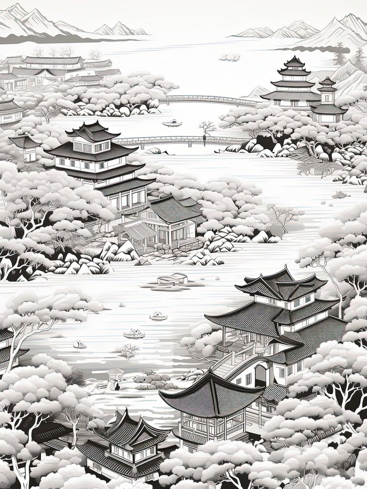 Okinawa Islands In Okinawa, Ukiyo E Black And White Line Art Drawing 3