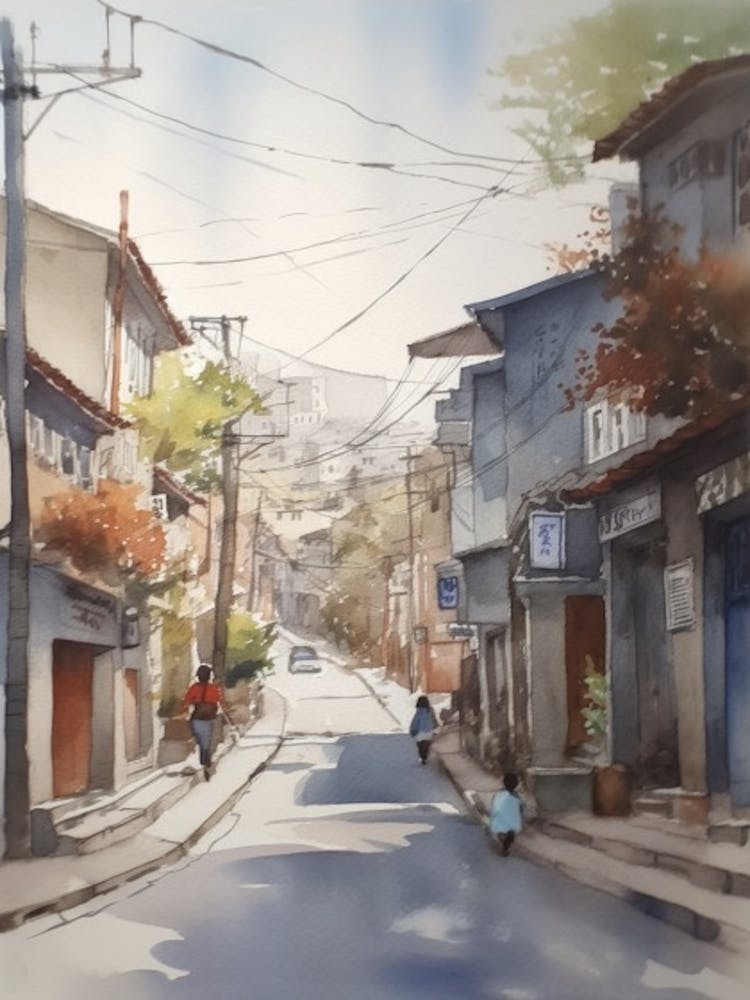 Painting Of Seoul South Korea In The Style Of Watercolour 1