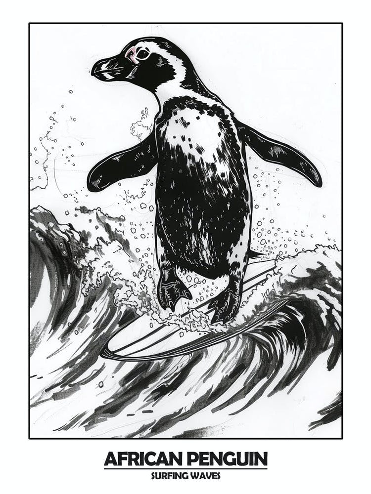 Penguin Surfing Waves Poster