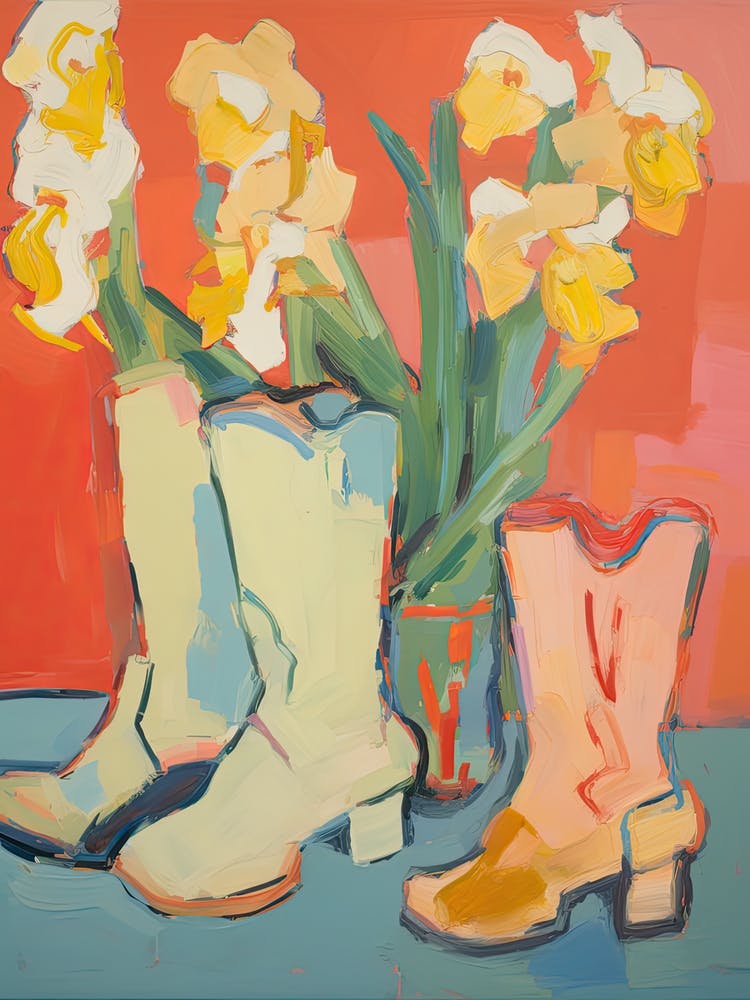 Painting Of Yellow Flowers And Cowboy Boots, Oil Style 8