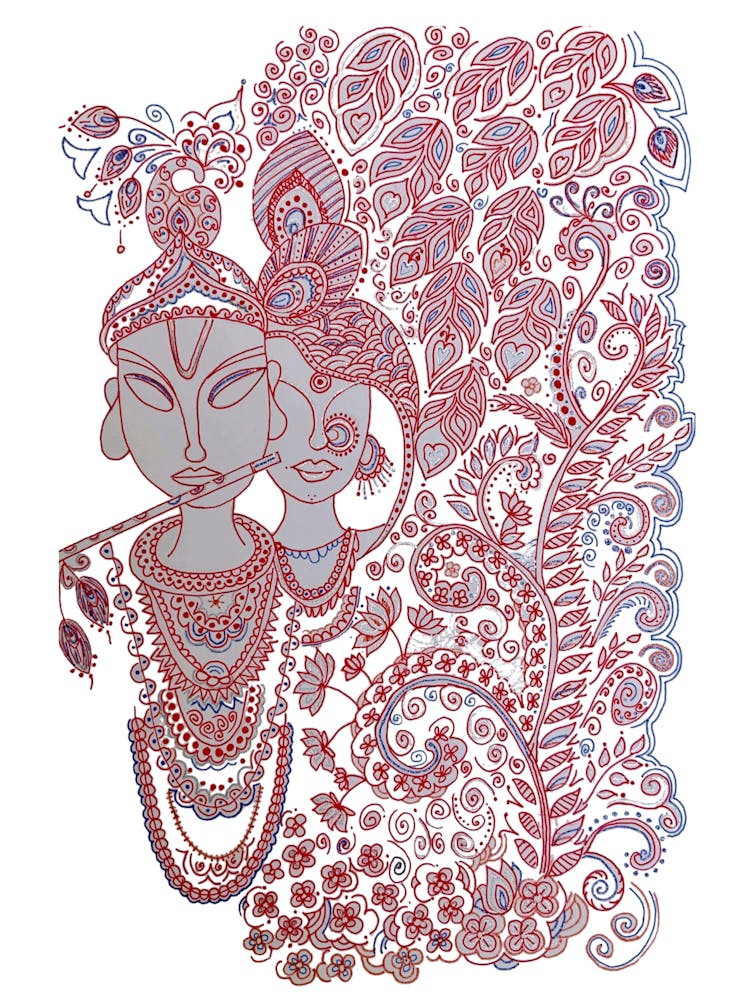 Unique original, pen and ink drawing of Radha Krishan ji, in madhubani art style, in red colour, by DollyJ