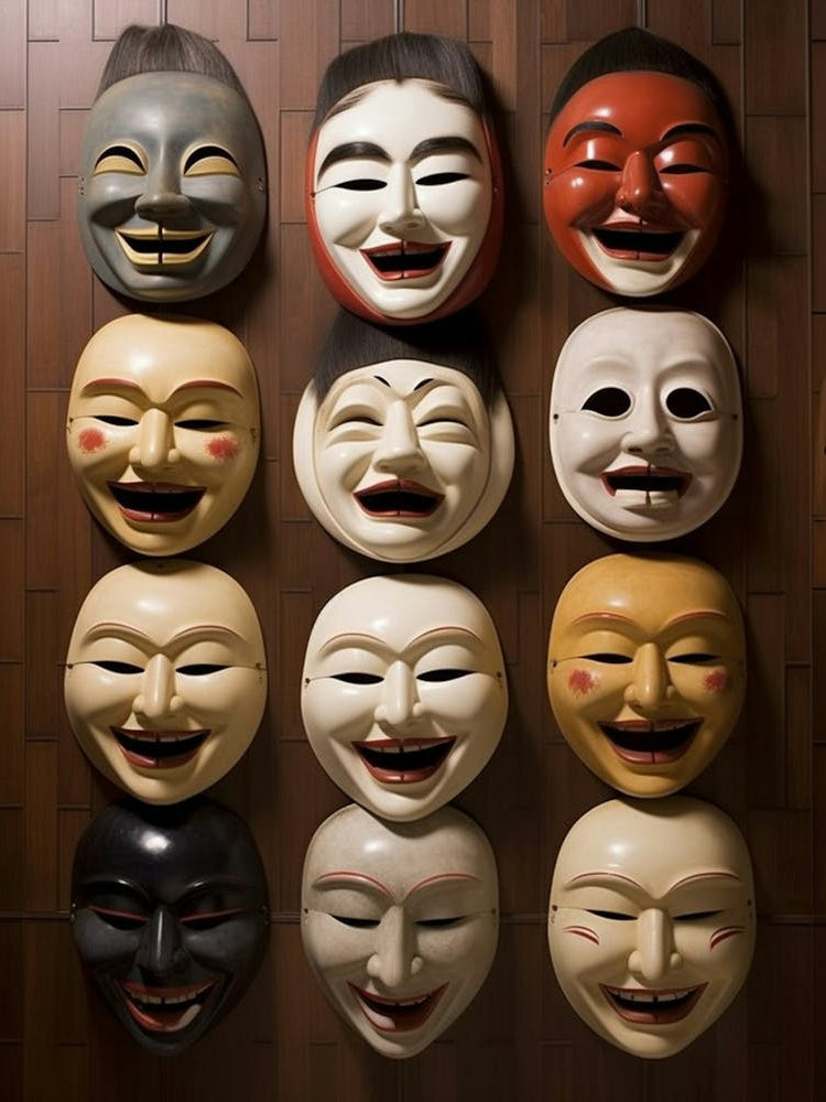 Noh Masks Japanese Style Illustration 16