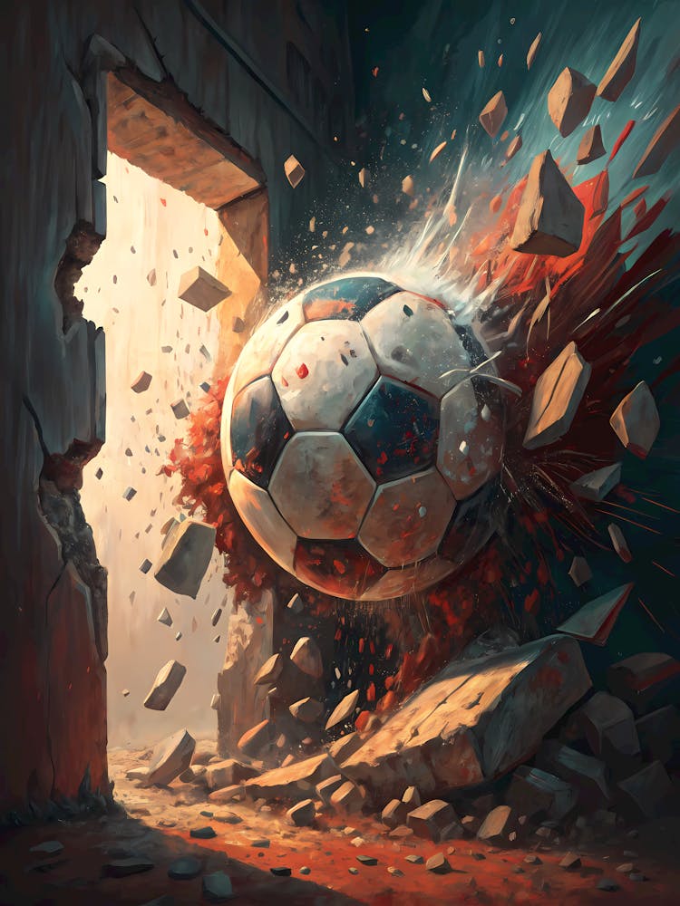 3D Soccer Ball Smashing Through Wall Oil Painting Style