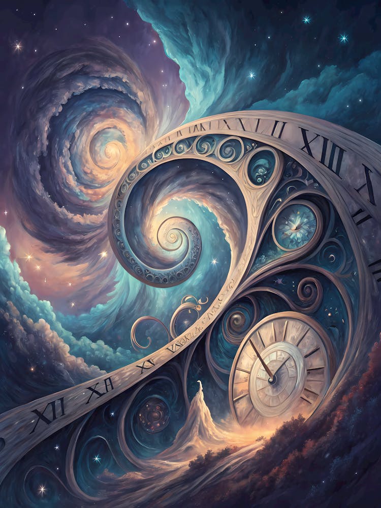 Oil Painting Style Surreal Time Spiral with Clocks Fantasy Art