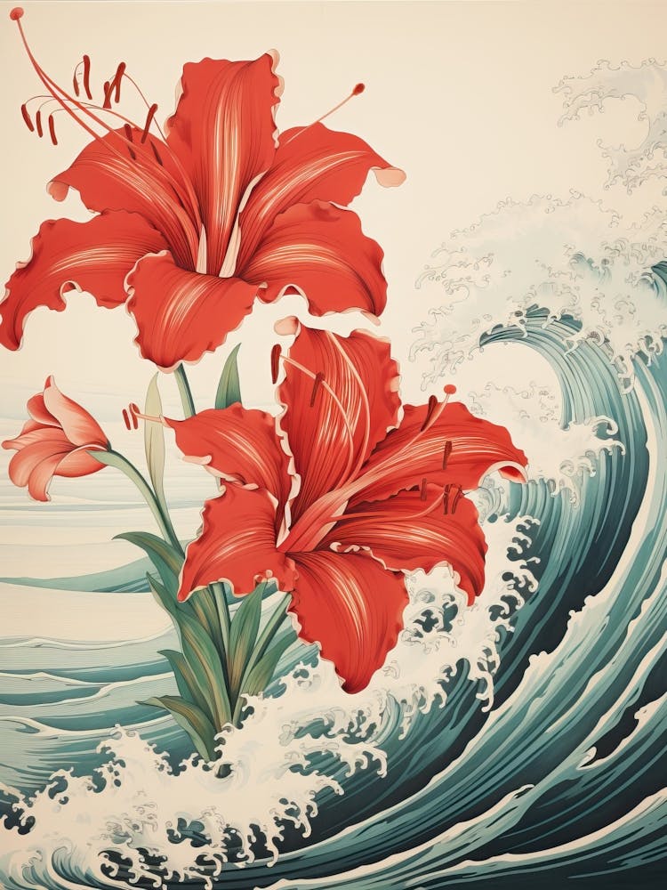 Große Welle mit Amaryllisblütenzeichnung im Ukiyo-e-Stil 1