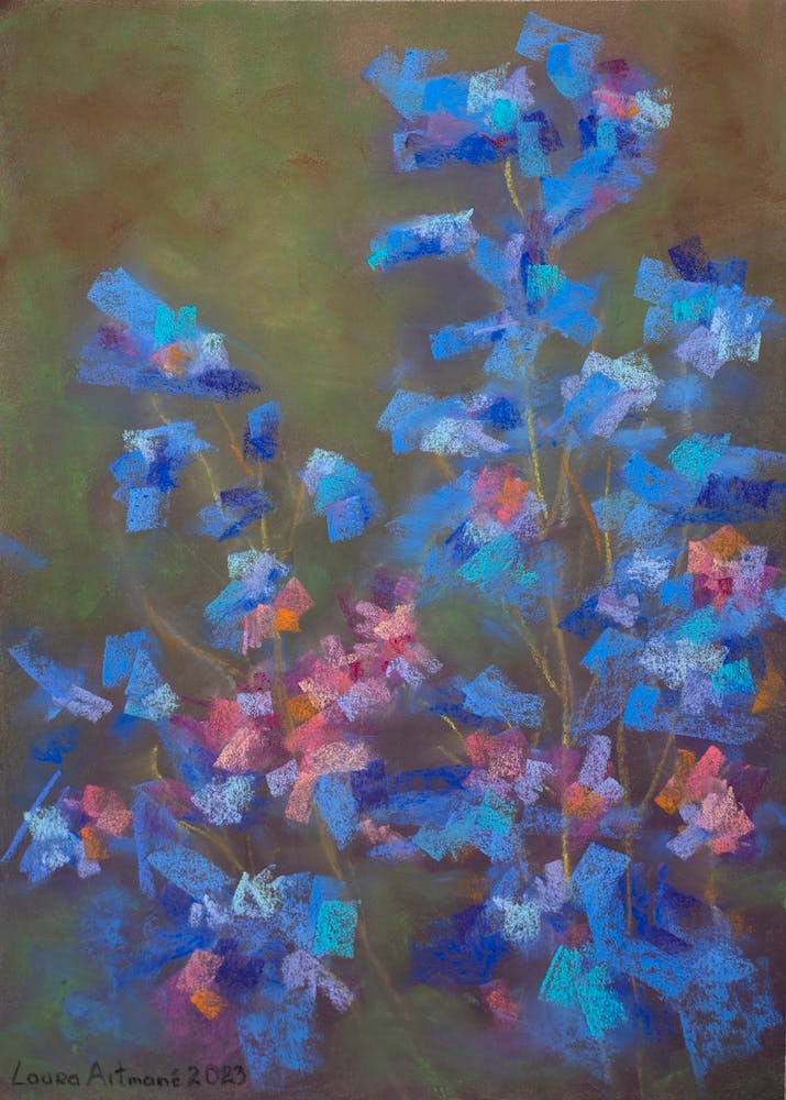 Abstract blue and pink flowers in soft pastels