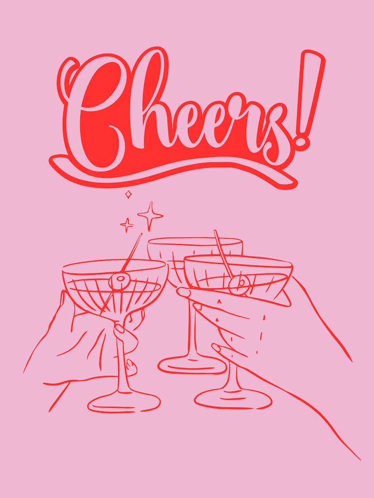 Cheers Cocktail Glass Poster Pink and Red Kitchen