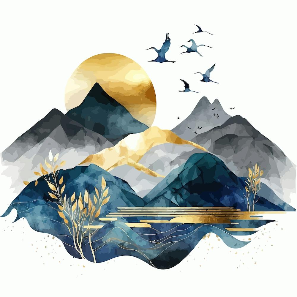 Montagnes Et Oiseaux Paysage Aquarelle Abstraite